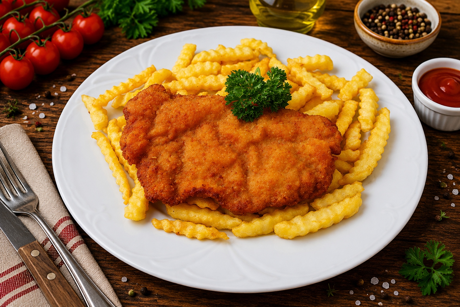 Rántott hús hasábburgonyával Sertés (A,C,G) - Schnitzel mit pommes Schwein - Breaded meat with French fries Pork